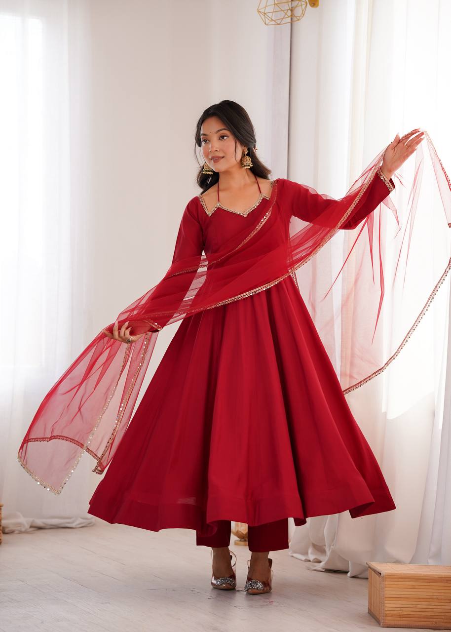 Regal Maroon Flared Roman Silk Anarkali Gown with Pant & Mirror-Lace Dupatta