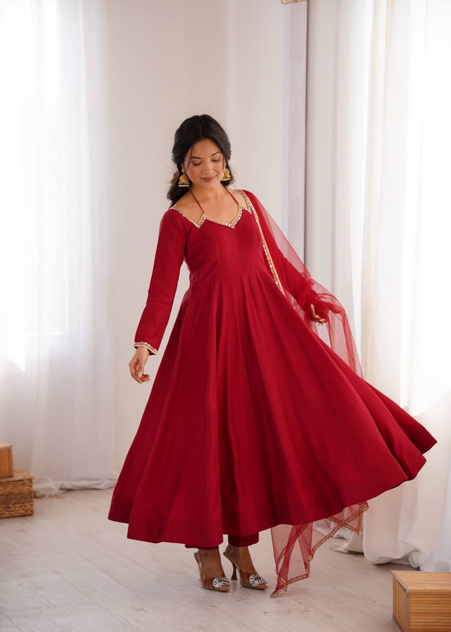 Regal Maroon Flared Roman Silk Anarkali Gown with Pant & Mirror-Lace Dupatta
