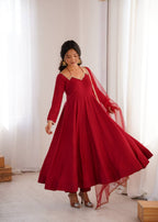 Regal Maroon Flared Roman Silk Anarkali Gown with Pant & Mirror-Lace Dupatta