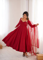 Regal Maroon Flared Roman Silk Anarkali Gown with Pant & Mirror-Lace Dupatta