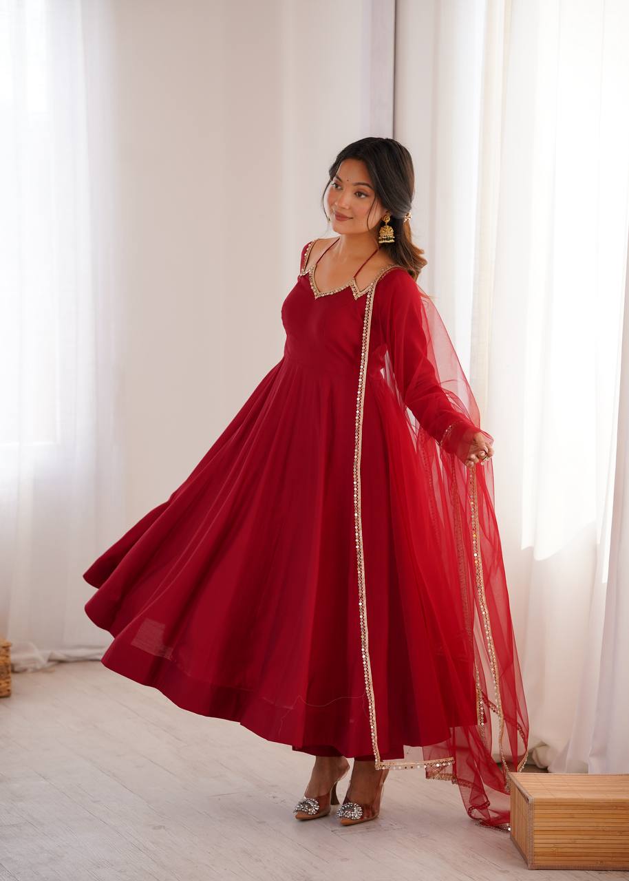 Regal Maroon Flared Roman Silk Anarkali Gown with Pant & Mirror-Lace Dupatta