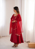 Regal Maroon Flared Roman Silk Anarkali Gown with Pant & Mirror-Lace Dupatta