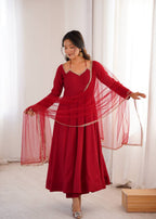 Regal Maroon Flared Roman Silk Anarkali Gown with Pant & Mirror-Lace Dupatta