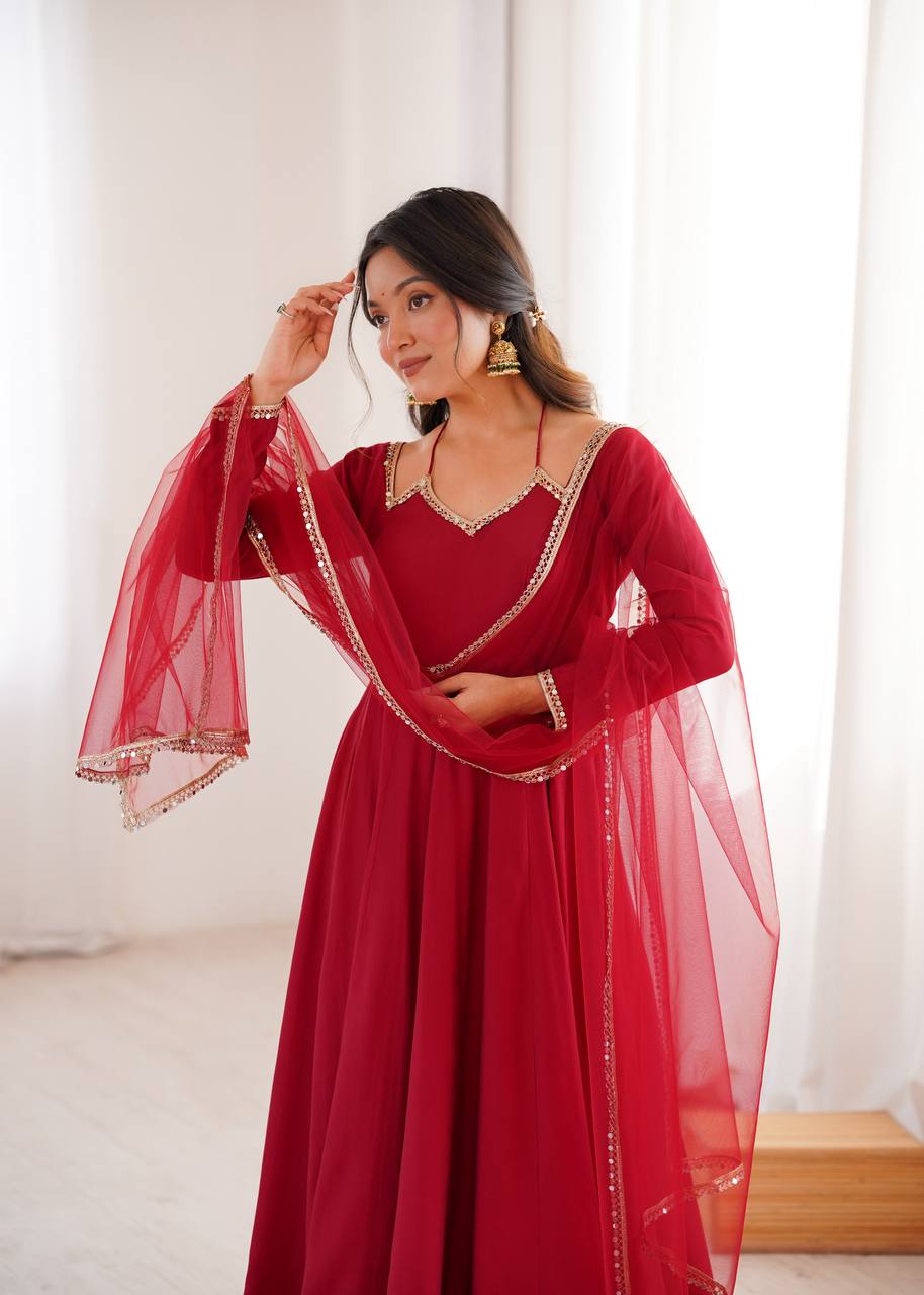 Regal Maroon Flared Roman Silk Anarkali Gown with Pant & Mirror-Lace Dupatta
