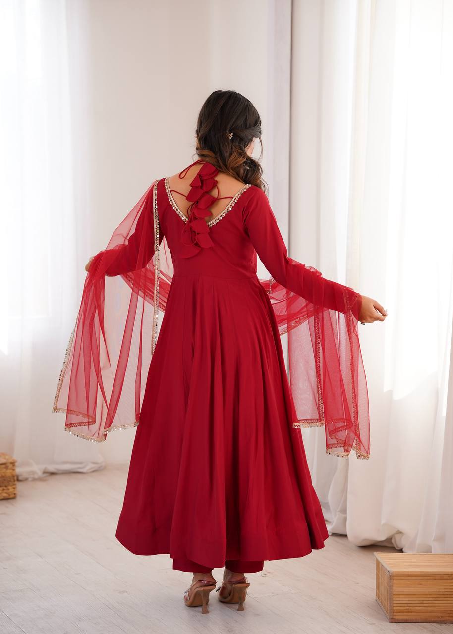 Regal Maroon Flared Roman Silk Anarkali Gown with Pant & Mirror-Lace Dupatta