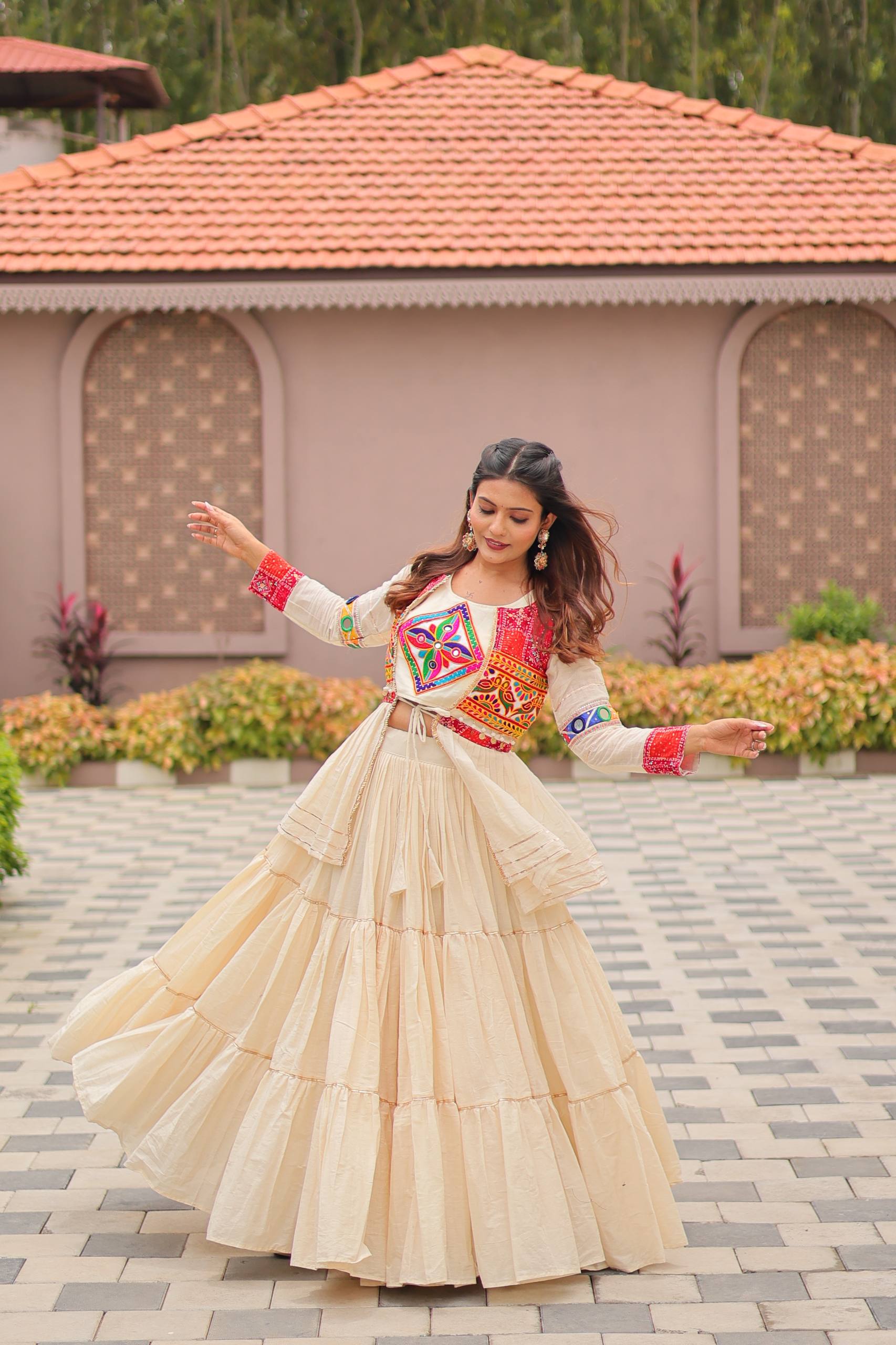 Premium Cream Pure Cotton Koti Lehenga Choli Set with Heavy Gamthi Work & 9-Meter Flair | MOONPALAV
