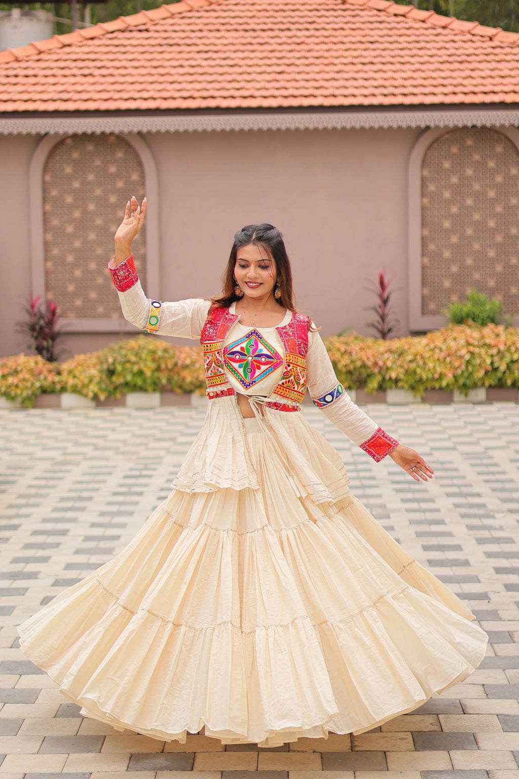 Premium Cream Pure Cotton Koti Lehenga Choli Set with Heavy Gamthi Work & 9-Meter Flair | MOONPALAV