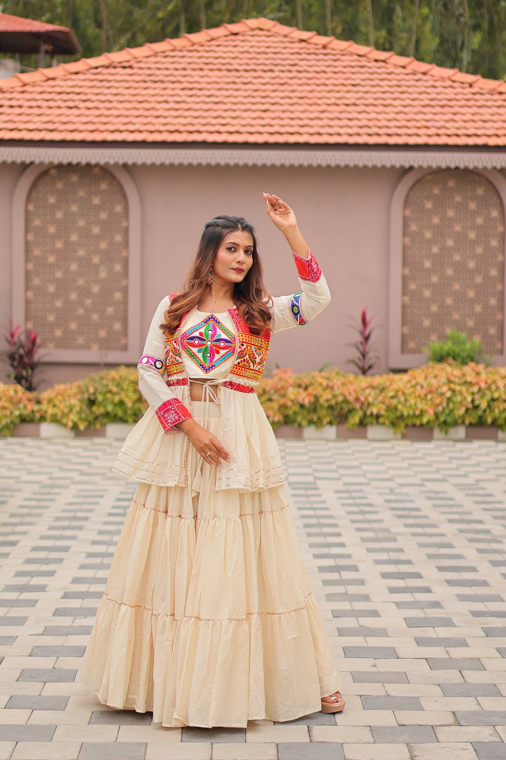 Premium Cream Pure Cotton Koti Lehenga Choli Set with Heavy Gamthi Work & 9-Meter Flair | MOONPALAV