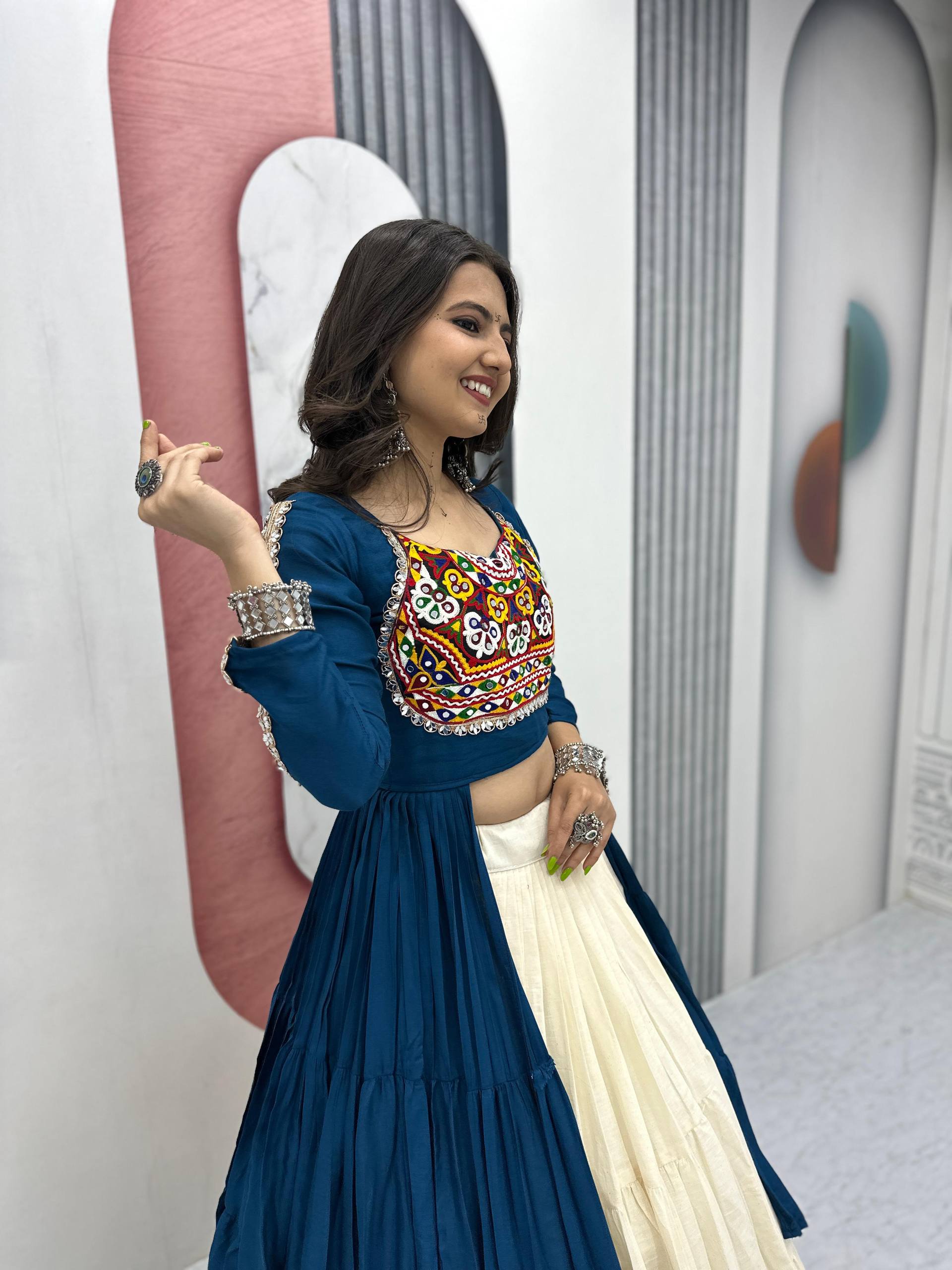Navratri Special 9-Meter Flare Lehenga Choli in Rama | Pure Cotton & Real Mirror Work