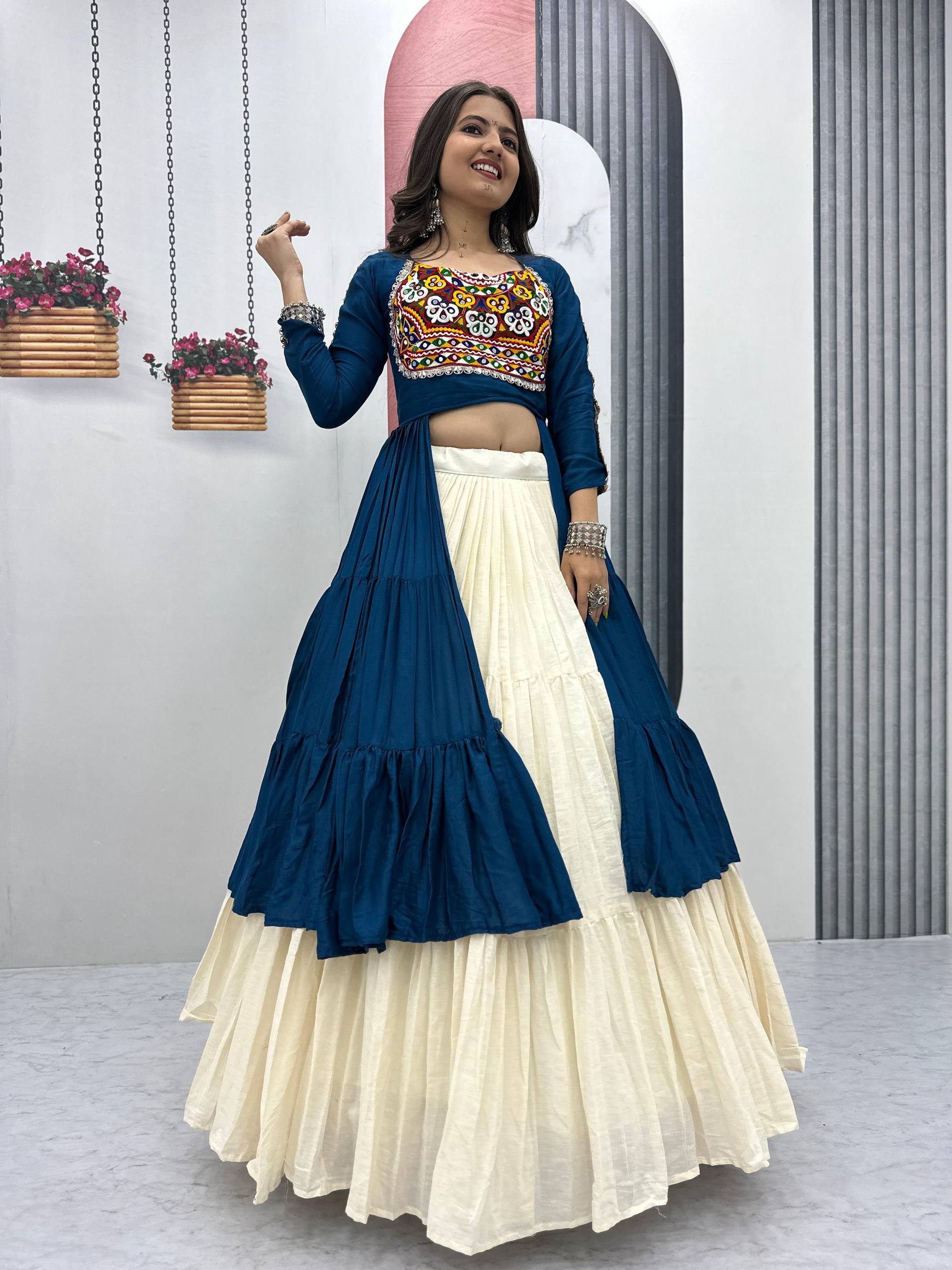 Navratri Special 9-Meter Flare Lehenga Choli in Rama | Pure Cotton & Real Mirror Work