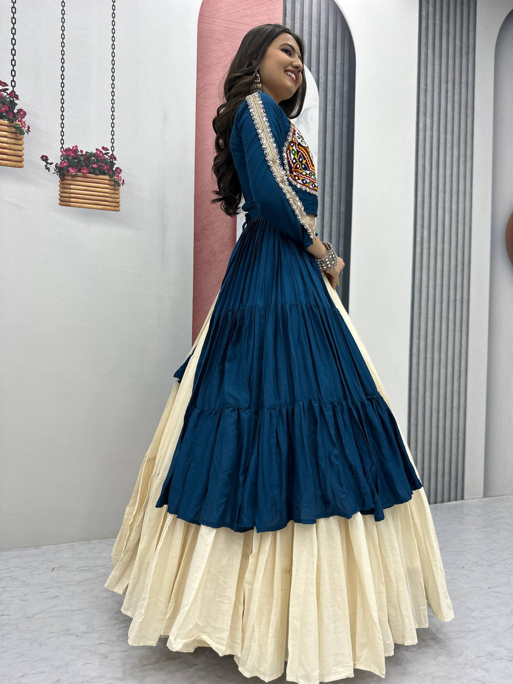 Navratri Special 9-Meter Flare Lehenga Choli in Rama | Pure Cotton & Real Mirror Work