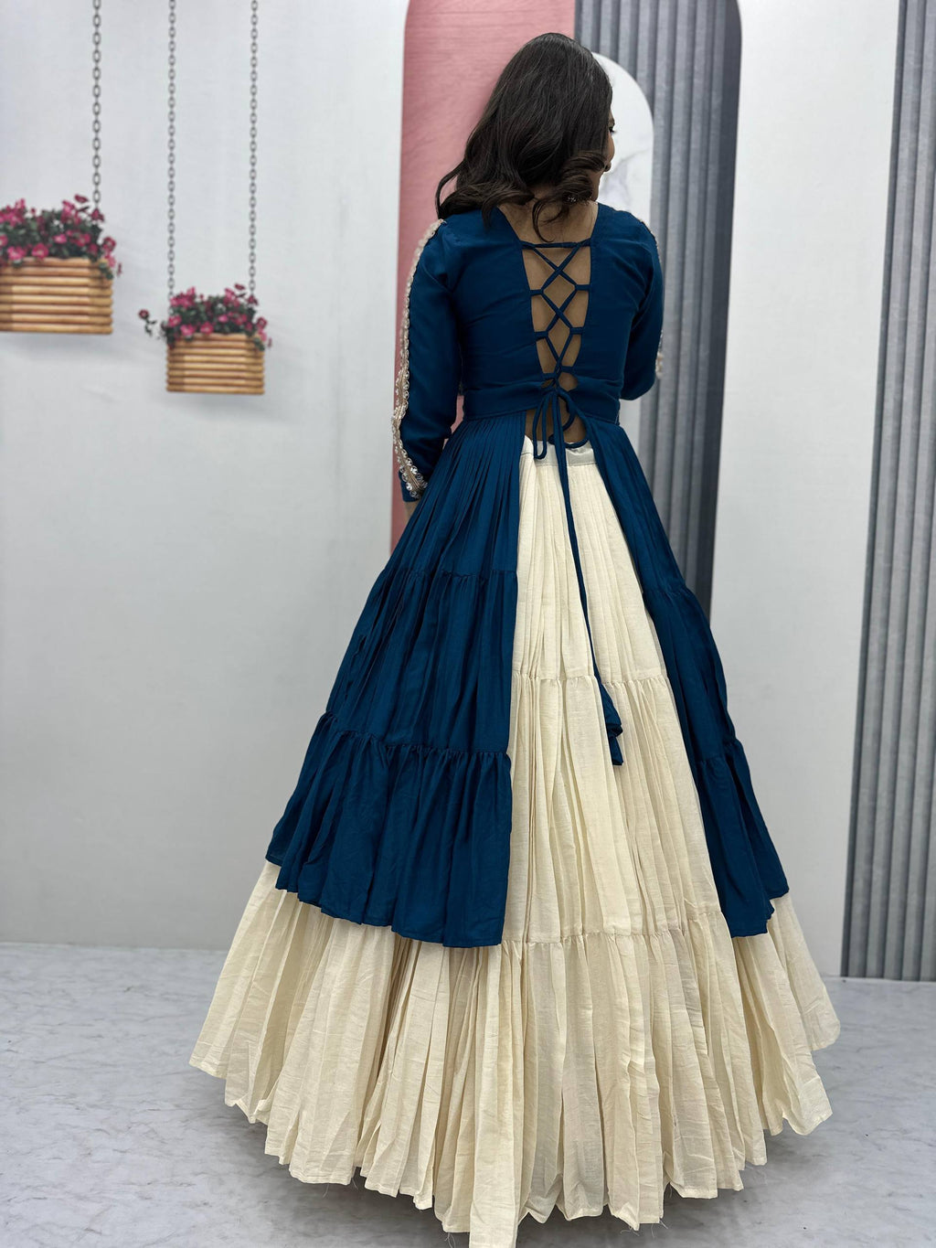 Navratri Special 9-Meter Flare Lehenga Choli in Rama | Pure Cotton & Real Mirror Work