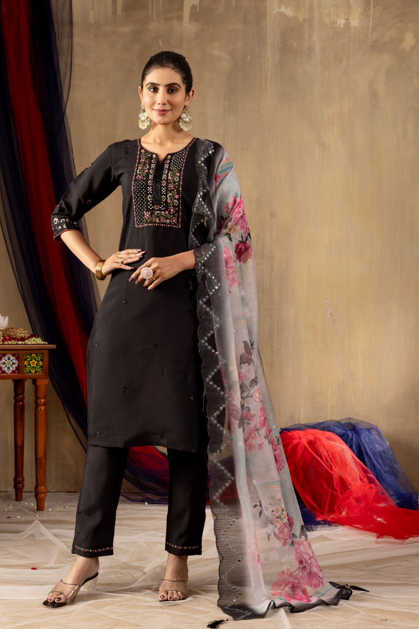 Moonpalav Midnight Black Roman Silk Festive Suit with Chanderi Dupatta