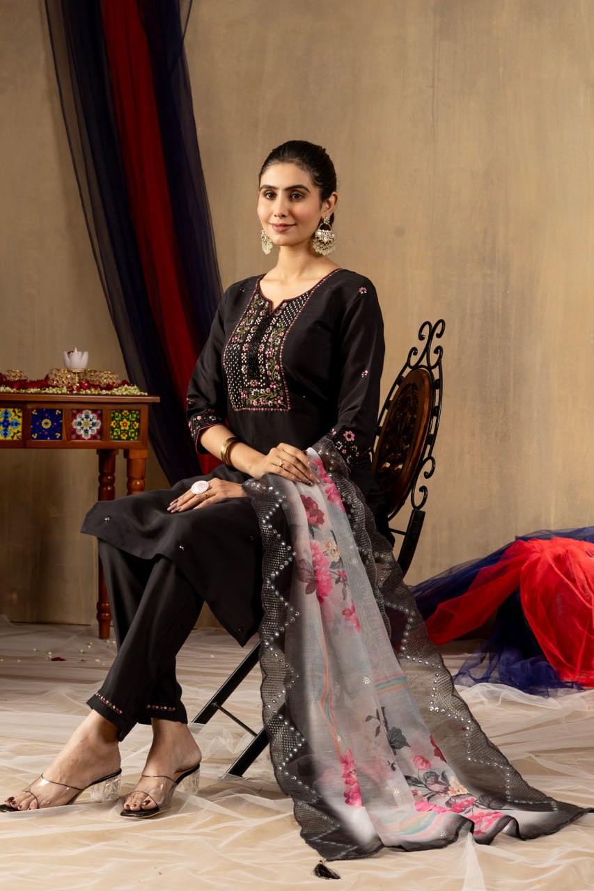 Moonpalav Midnight Black Roman Silk Festive Suit with Chanderi Dupatta