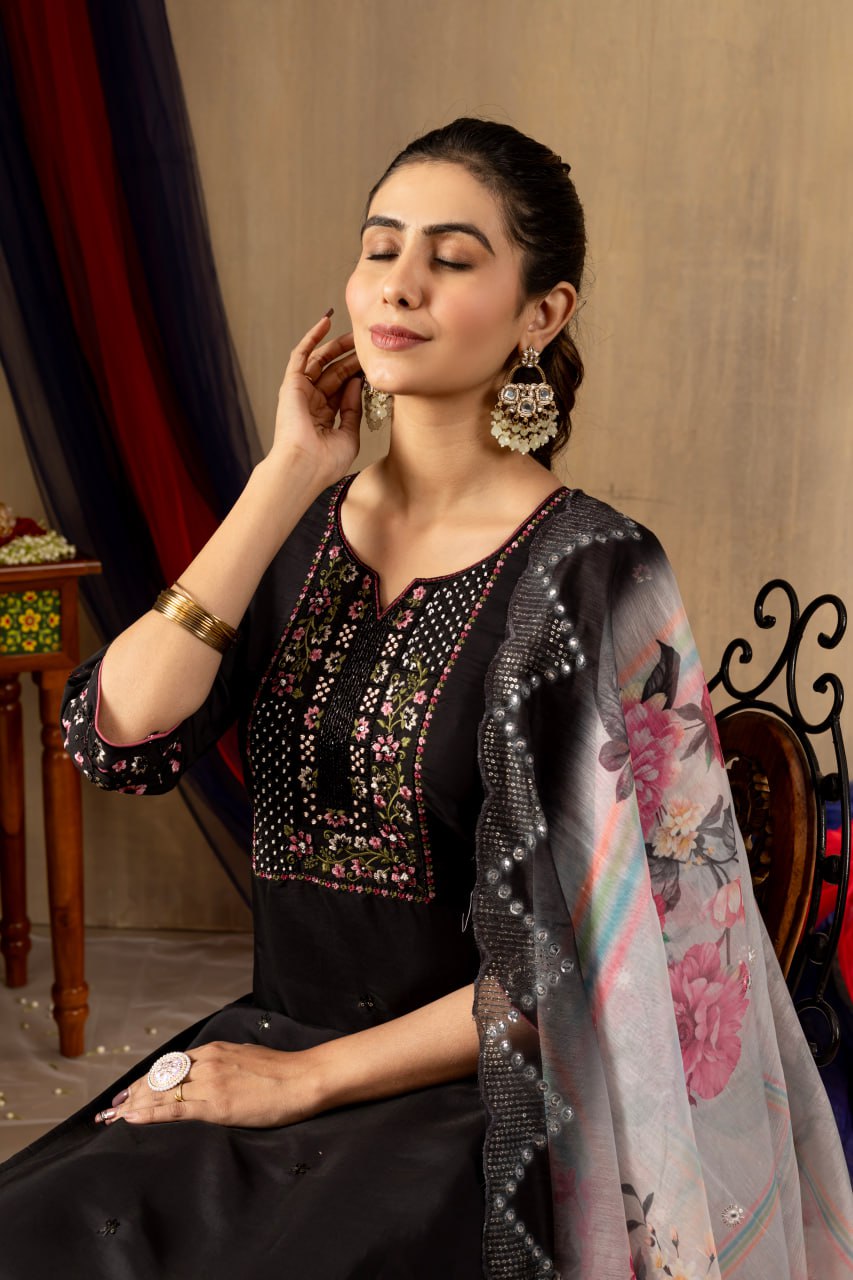 Moonpalav Midnight Black Roman Silk Festive Suit with Chanderi Dupatta