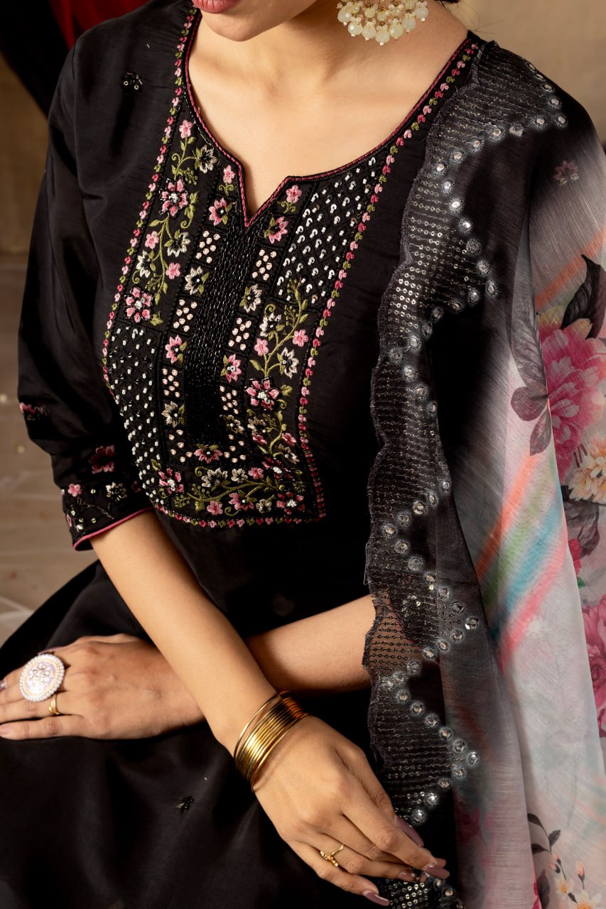 Moonpalav Midnight Black Roman Silk Festive Suit with Chanderi Dupatta
