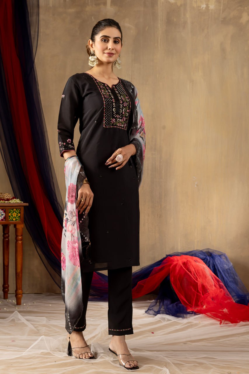 Moonpalav Midnight Black Roman Silk Festive Suit with Chanderi Dupatta