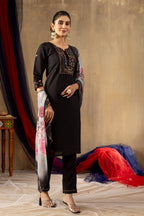 Moonpalav Midnight Black Roman Silk Festive Suit with Chanderi Dupatta