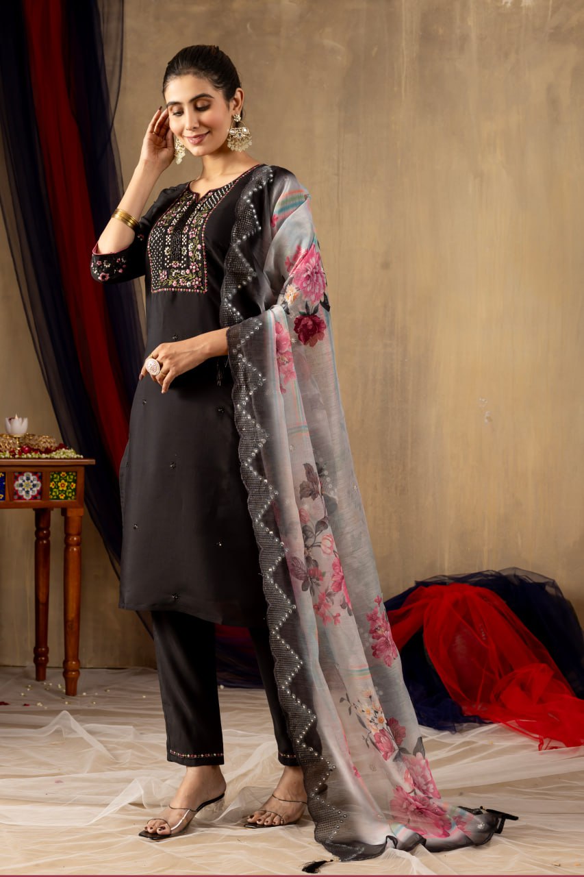 Moonpalav Midnight Black Roman Silk Festive Suit with Chanderi Dupatta
