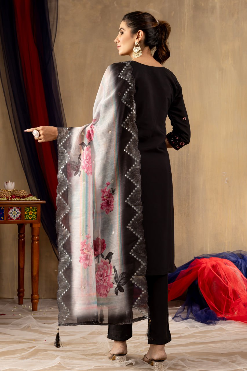 Moonpalav Midnight Black Roman Silk Festive Suit with Chanderi Dupatta