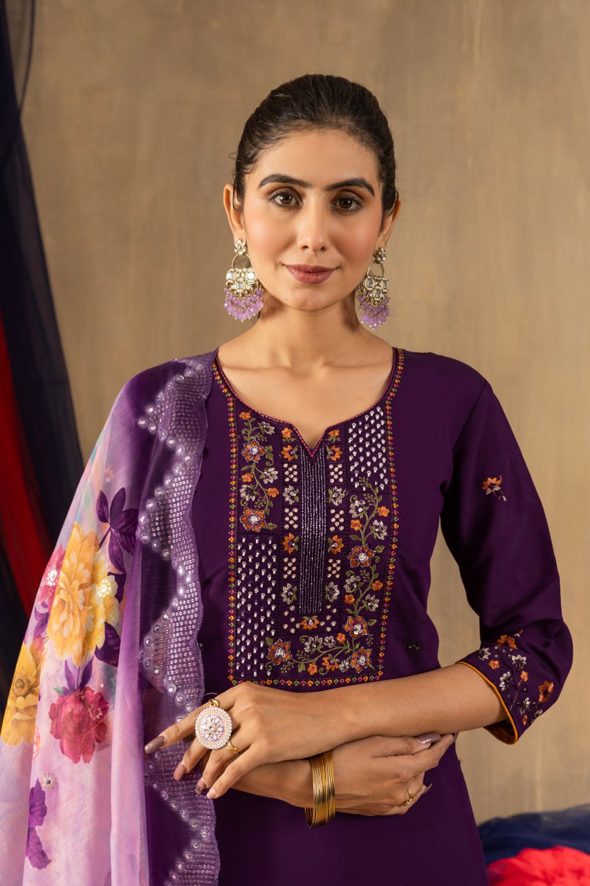 Moonpalav Royal Plum Roman Silk Designer Suit with Scalloped Dupatta