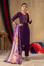 Moonpalav Royal Plum Roman Silk Designer Suit with Scalloped Dupatta