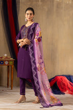 Moonpalav Royal Plum Roman Silk Designer Suit with Scalloped Dupatta