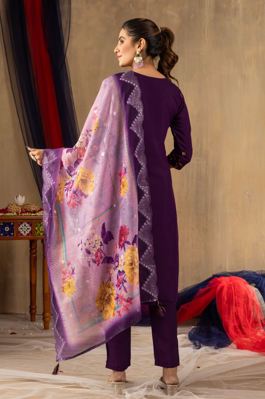 Moonpalav Royal Plum Roman Silk Designer Suit with Scalloped Dupatta