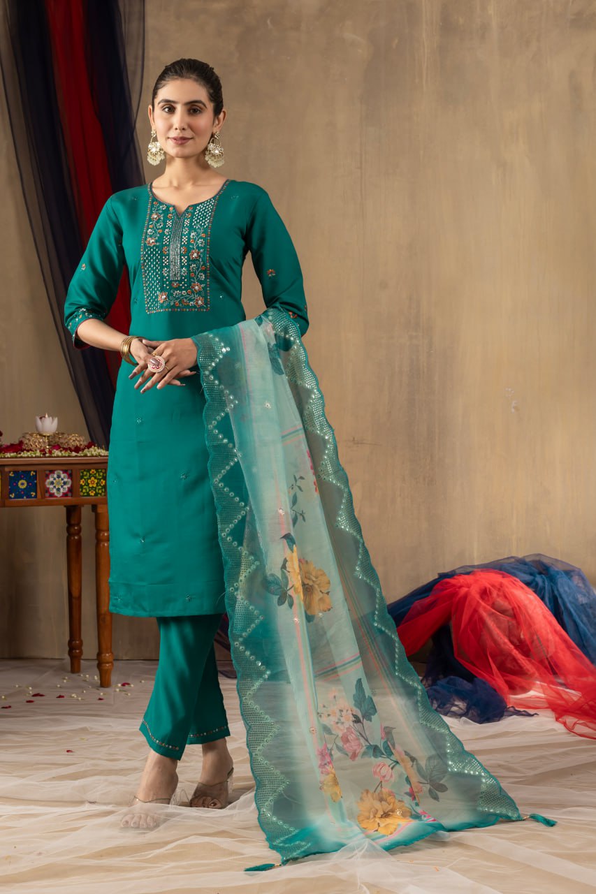 Moonpalav Emerald Teal Roman Silk Suit with Scalloped Chanderi Dupatta