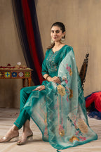 Moonpalav Emerald Teal Roman Silk Suit with Scalloped Chanderi Dupatta