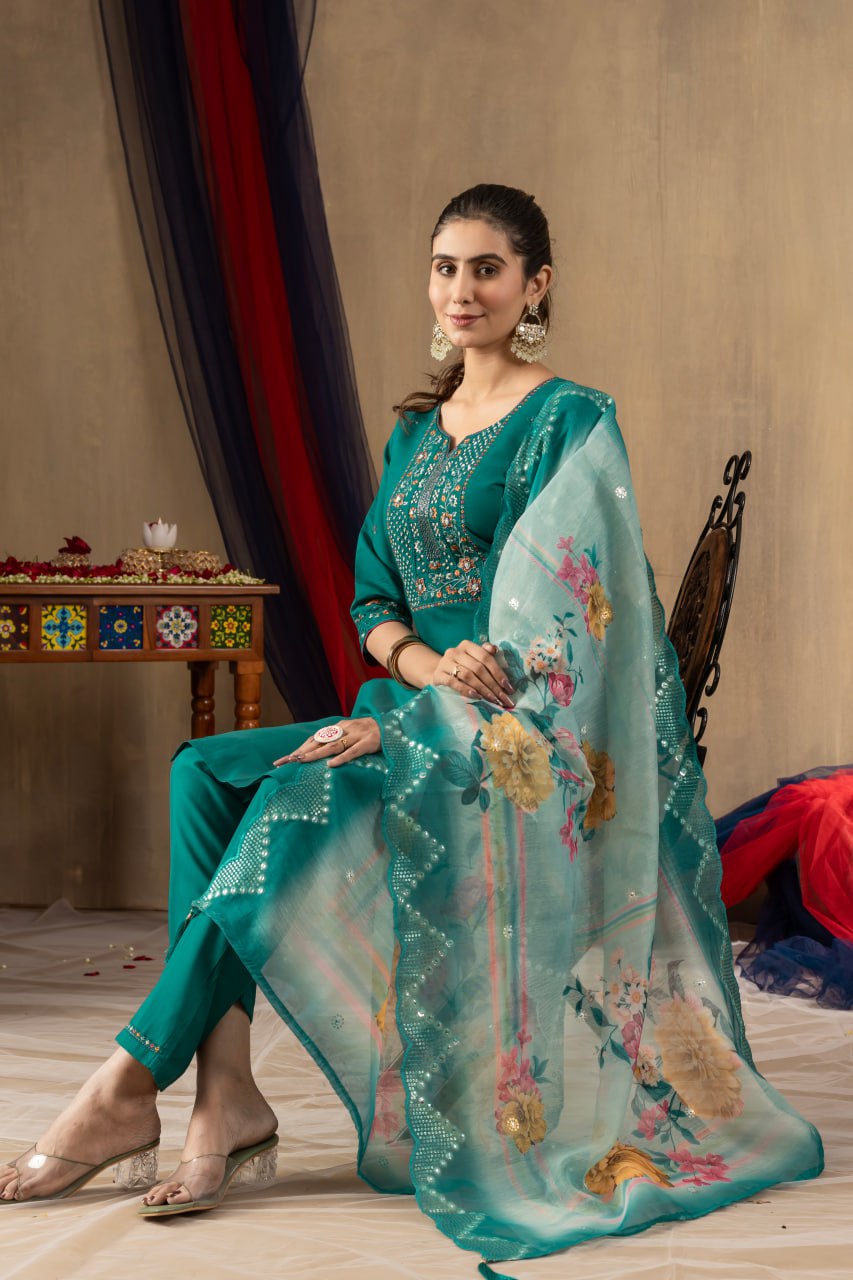 Moonpalav Emerald Teal Roman Silk Suit with Scalloped Chanderi Dupatta