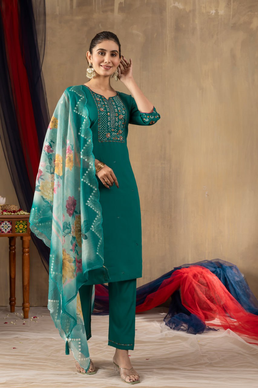 Moonpalav Emerald Teal Roman Silk Suit with Scalloped Chanderi Dupatta
