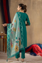 Moonpalav Emerald Teal Roman Silk Suit with Scalloped Chanderi Dupatta