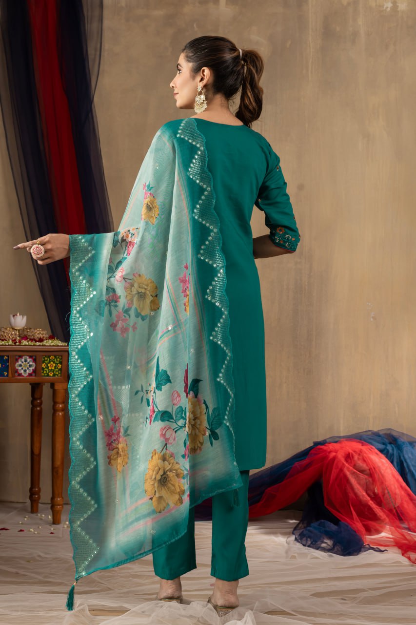 Moonpalav Emerald Teal Roman Silk Suit with Scalloped Chanderi Dupatta