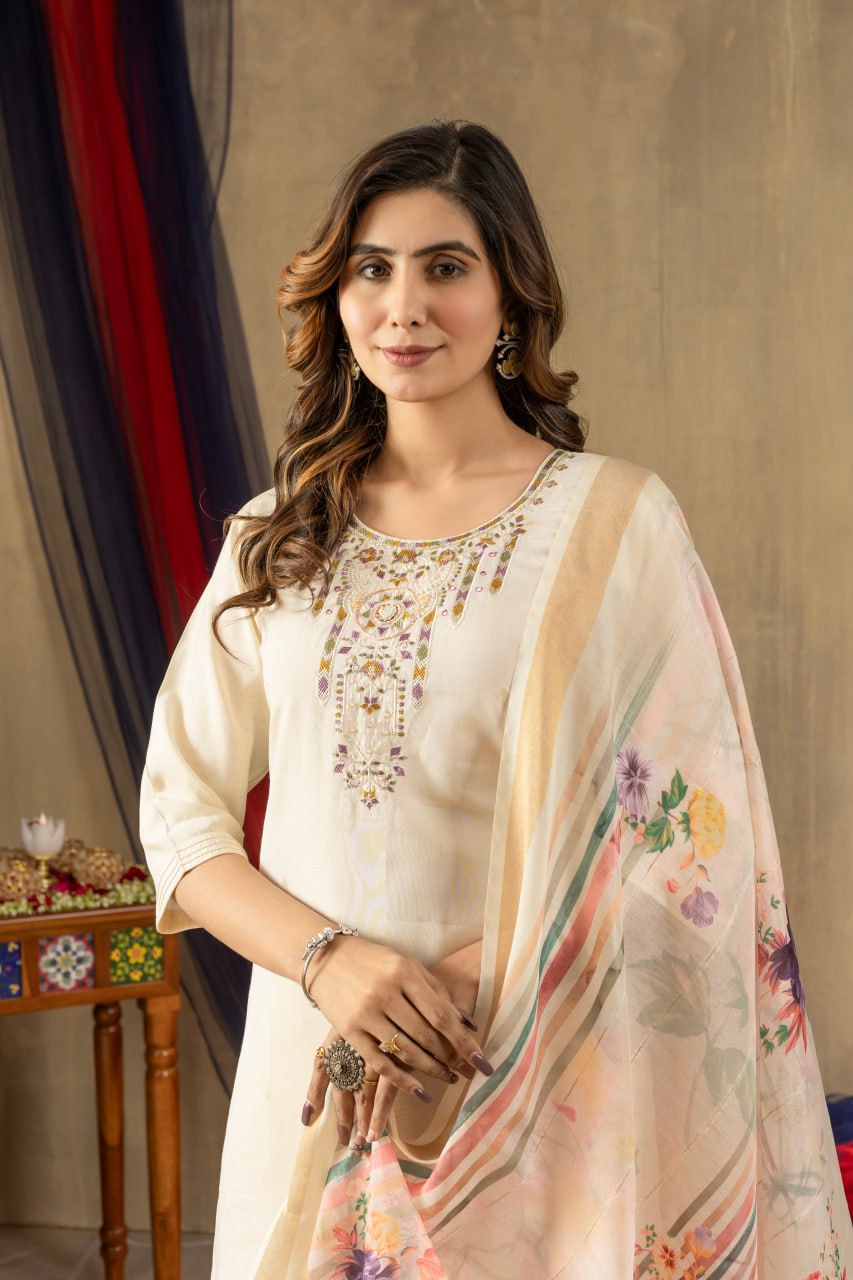 Moonpalav Pearl Cream Shimmer Gold Silk Embroidered Suit with Muslin Dupatta