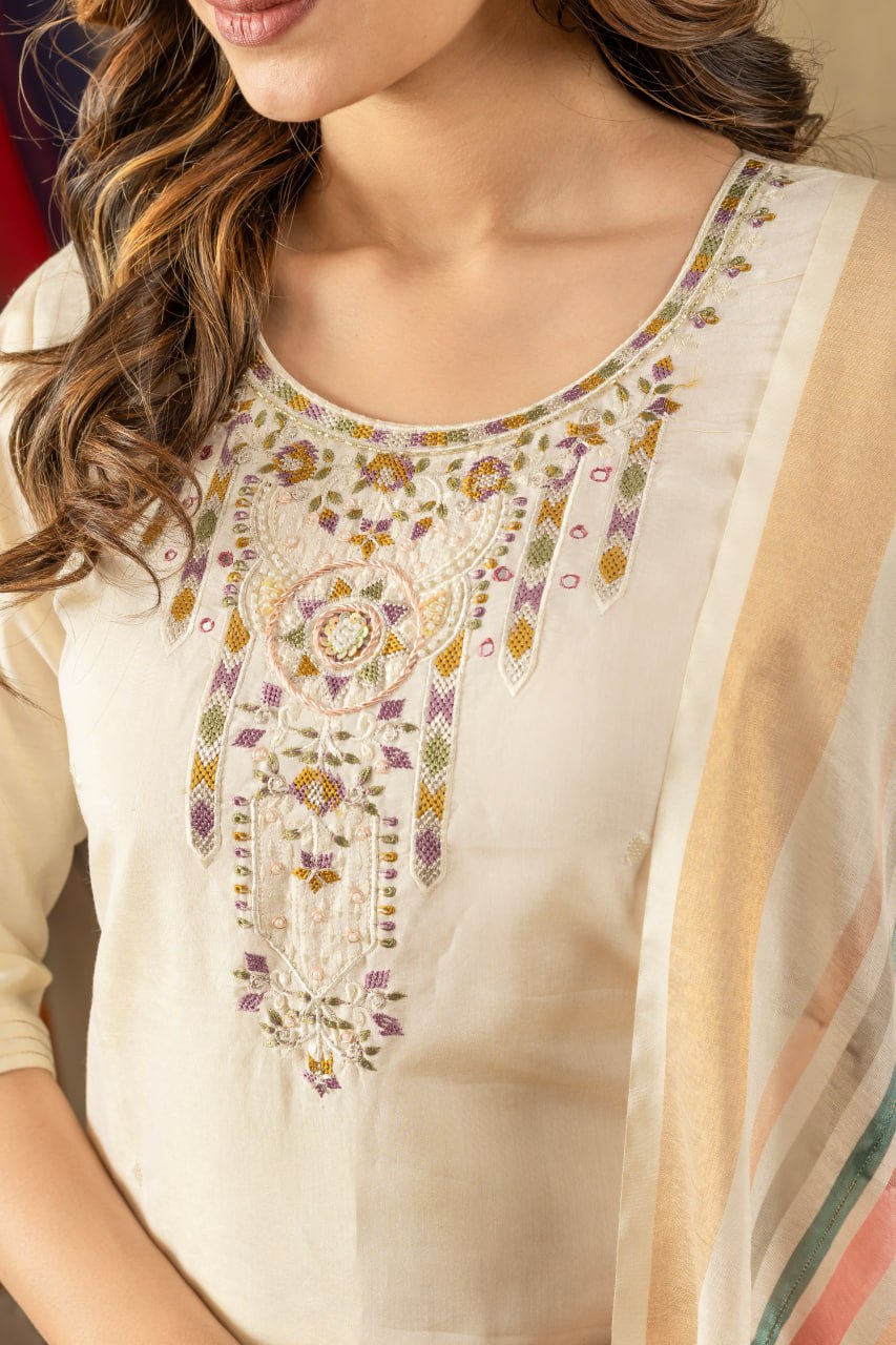 Moonpalav Pearl Cream Shimmer Gold Silk Embroidered Suit with Muslin Dupatta