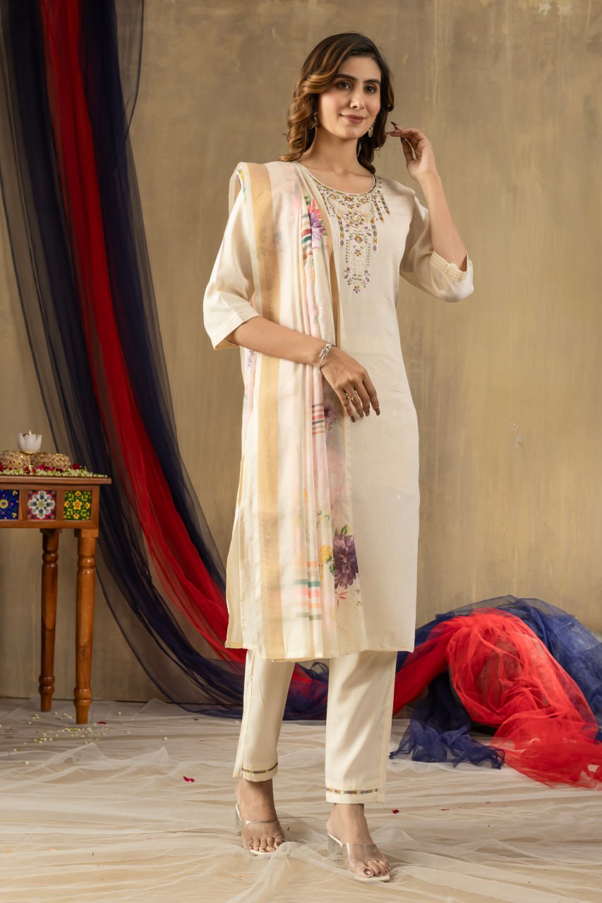 Moonpalav Pearl Cream Shimmer Gold Silk Embroidered Suit with Muslin Dupatta