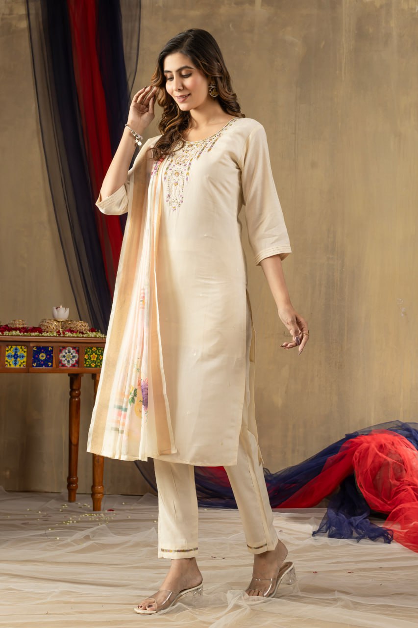 Moonpalav Pearl Cream Shimmer Gold Silk Embroidered Suit with Muslin Dupatta