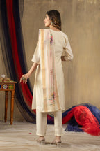 Moonpalav Pearl Cream Shimmer Gold Silk Embroidered Suit with Muslin Dupatta