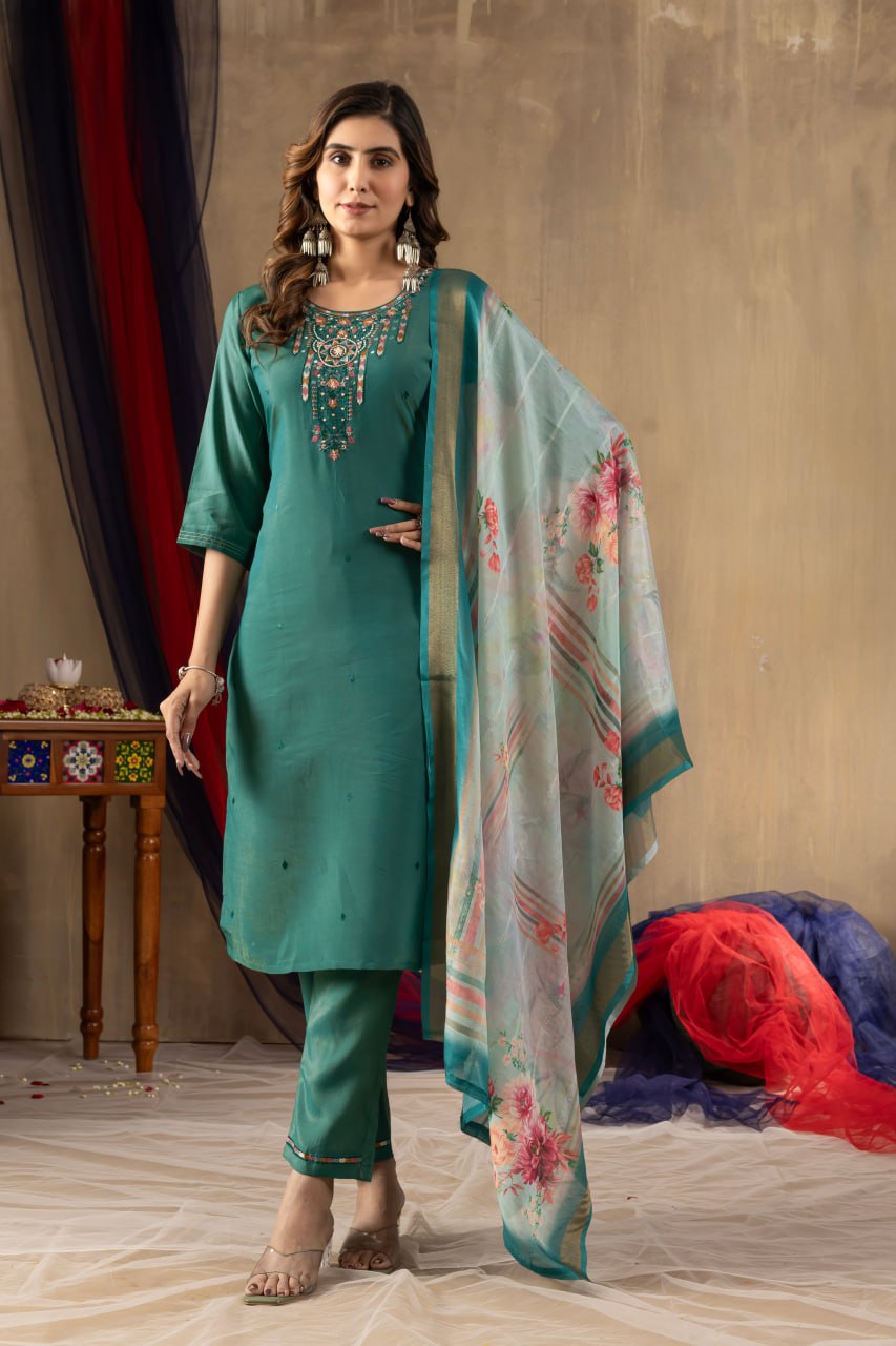 Moonpalav Emerald Teal Shimmer Gold Silk Hand-Embroidered Suit with Dupatta