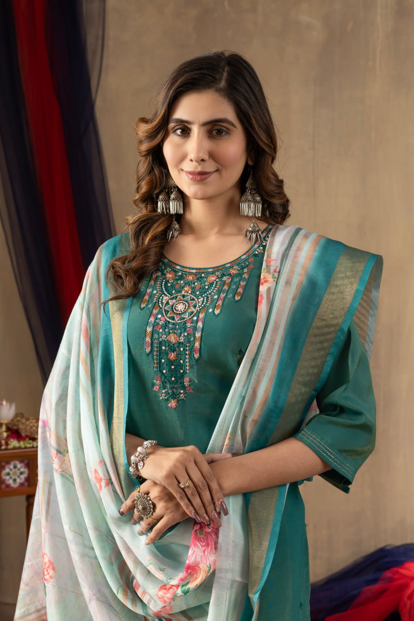 Moonpalav Emerald Teal Shimmer Gold Silk Hand-Embroidered Suit with Dupatta
