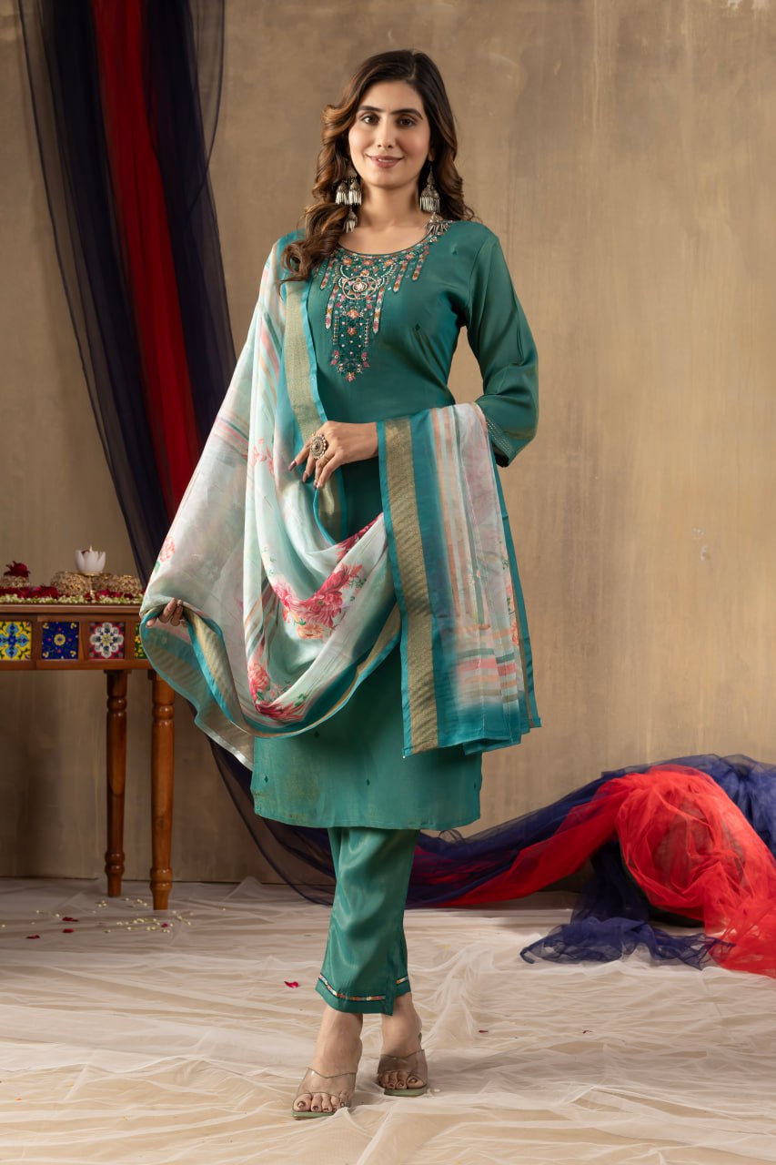 Moonpalav Emerald Teal Shimmer Gold Silk Hand-Embroidered Suit with Dupatta