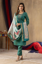 Moonpalav Emerald Teal Shimmer Gold Silk Hand-Embroidered Suit with Dupatta