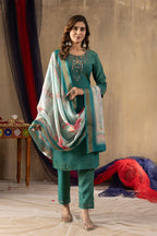 Moonpalav Emerald Teal Shimmer Gold Silk Hand-Embroidered Suit with Dupatta