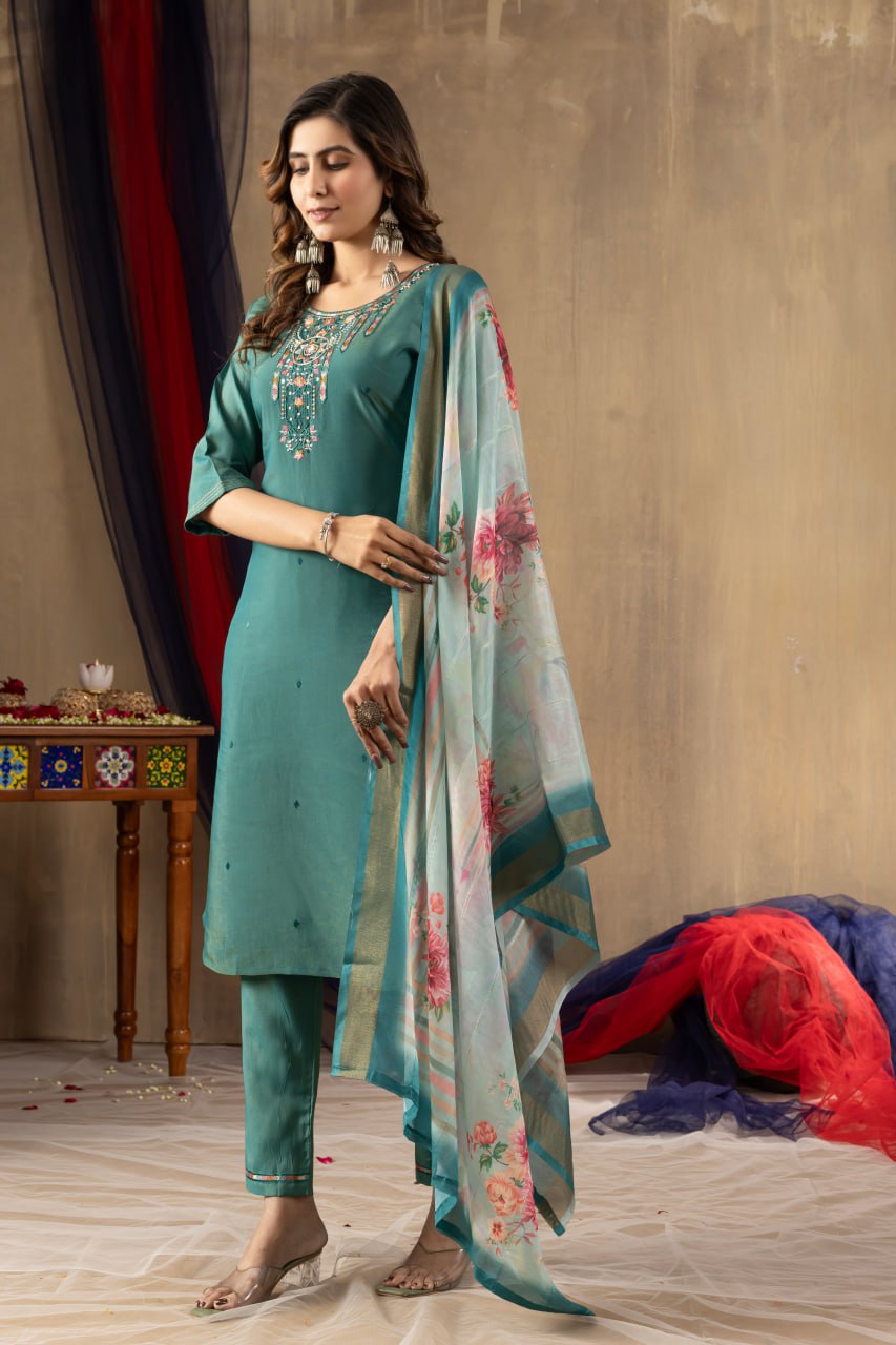 Moonpalav Emerald Teal Shimmer Gold Silk Hand-Embroidered Suit with Dupatta