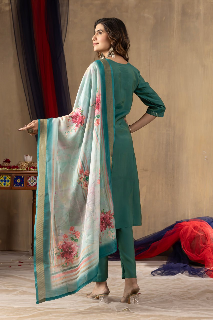 Moonpalav Emerald Teal Shimmer Gold Silk Hand-Embroidered Suit with Dupatta