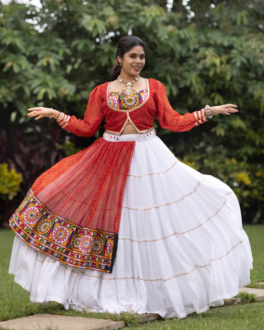 Designer Navratri Chaniya Choli Set with Kutchhi Work Blouse & Gota Patti Koti