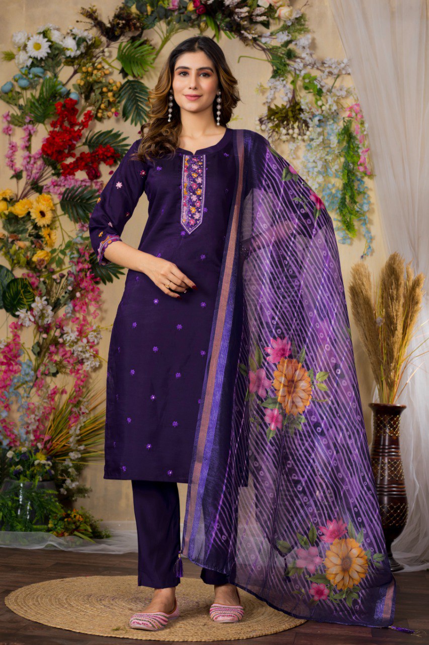 Moonpalav Magenta Roman Silk Handwork Kurti Set with Floral Digital Dupatta