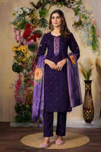 Moonpalav Magenta Roman Silk Handwork Kurti Set with Floral Digital Dupatta