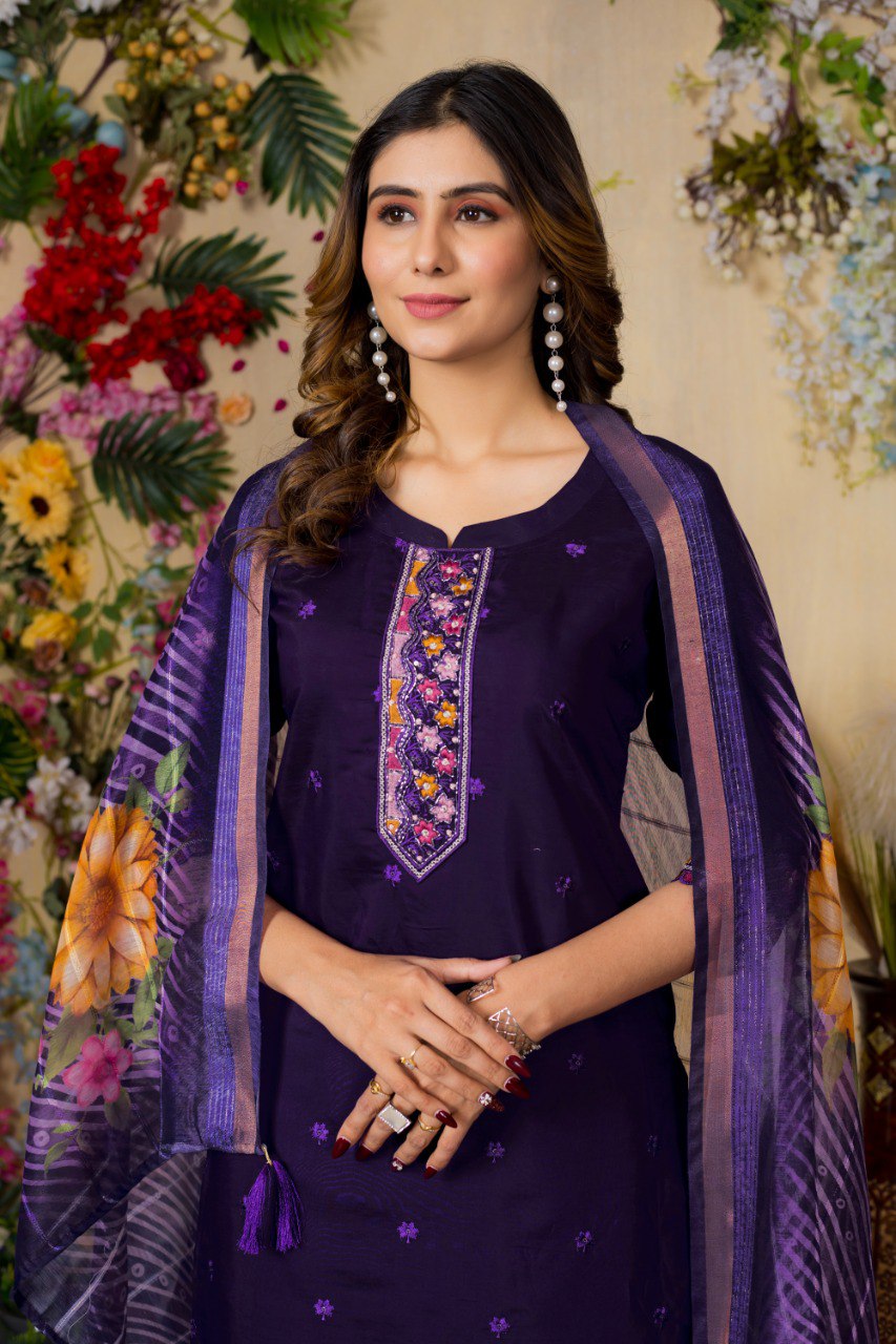 Moonpalav Magenta Roman Silk Handwork Kurti Set with Floral Digital Dupatta